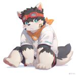  1boy absurdres animal_ears artist_name bandaid bandaid_on_cheek bandaid_on_face bandana bandana_around_neck barcode blush commentary_request dog_boy dog_ears furry furry_male goggles goggles_on_head highres indie_virtual_youtuber inugami_kenta looking_at_another male_focus on_floor paw_print pawpads seamonsterping shirt sitting white_shirt yellow_bandana 