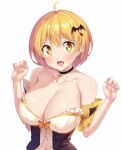  1girl :d ahoge bare_shoulders bat_hair_ornament black_choker blonde_hair blush breasts choker claw_pose cleavage collarbone fang hair_between_eyes hair_ornament hands_up hexagram highres hololive kazuma_(kazumav) large_breasts looking_at_viewer short_hair simple_background smile solo strapless virtual_youtuber white_background yellow_eyes yozora_mel 
