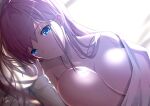  1girl blanket blue_eyes breasts fate/grand_order fate_(series) large_breasts lee-taro long_hair lying miyamoto_musashi_(fate) on_side smile solo topless white_hair 