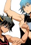  absurdres adjusting_clothes biceps black_hair black_shirt black_tank_top blue_eyes blue_hair bruno_(yu-gi-oh!) comparison expressionless facial_mark facial_tattoo flexing fudou_yuusei grey_eyes hand_on_own_arm highres looking_down looking_to_the_side marking_on_cheek multicolored_hair muscular muscular_male parted_lips shirt short_hair simple_background size_comparison spiked_hair standing streaked_hair t-shirt tank_top tattoo white_background youko-shima yu-gi-oh! yu-gi-oh!_5d&#039;s 