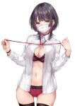  1girl black_hair blush bra breasts cleavage collared_shirt colored_inner_hair highres holding holding_ribbon lace lace-trimmed_bra lace_panties lace_trim large_breasts long_sleeves looking_at_viewer mask mouth_mask multicolored_hair original panties purple_hair ribbon shirt solo thighhighs underwear white_background wing_(aiastor) 