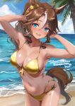  1girl ahoge animal_ears armpits ayamo_kaoru beach bikini blue_eyes breasts brown_hair cloud collarbone commission cowboy_shot dog_hair_ornament gold_bikini hair_between_eyes hair_ornament hands_up highres horse_ears horse_girl horse_tail long_hair mejiro_palmer_(umamusume) multicolored_hair navel ocean open_mouth palm_tree shore side-tie_bikini_bottom skeb_commission sky solo streaked_hair swimsuit tail tree umamusume white_hair 