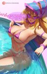  1girl araneesama bare_shoulders bikini blonde_hair blue_eyes blue_headwear blush bracelet breasts choker cleavage collarbone dark_magician_girl earrings english_text hat highres hoop_earrings jewelry large_breasts long_hair looking_at_viewer navel open_mouth pink_bikini pool solo speech_bubble sunglasses swimsuit thighs water wizard_hat yu-gi-oh! 