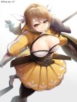  1girl breasts brown_hair cleavage_cutout closed_mouth clothing_cutout corset fire_emblem fire_emblem_engage goldmary_(fire_emblem) holding holding_polearm holding_shield holding_weapon large_breasts mole polearm shield skirt solo weapon yellow_skirt yotastar 