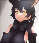  1girl animal_ears bare_shoulders black_bow black_bowtie black_gloves black_hair black_serval_(kemono_friends) black_shirt bow bowtie cat_ears cat_girl cats_yone elbow_gloves extra_ears gloves grey_background highres kemono_friends kemono_friends_3 looking_at_viewer shirt short_hair simple_background sleeveless sleeveless_shirt solo upper_body yellow_eyes 
