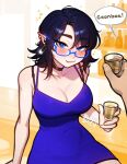  1girl artist_name bare_arms bare_shoulders black_choker black_hair blue-framed_eyewear blue_dress blush blushyspicy breasts choker cleavage closed_mouth dress earrings fang glass glasses highres jewelry large_breasts looking_at_viewer mole mole_under_eye office_workers_(blushyspicy) pointy_ears semi-rimless_eyewear solo_focus vampire vampire_secretary_(blushypixy) 