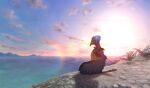  avian bird black_body black_feathers braided_hair breath_of_the_wild clothed clothing cloud coastline eyes_closed feathers grass hair hi_res male mimo_(tloz) nintendo plant rito sea sitting sky solo sun the_legend_of_zelda water 