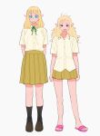  2girls alternate_costume arms_at_sides arms_behind_back bare_arms bare_legs black_socks blonde_hair blue_eyes bob_cut brown_footwear collared_shirt dress_shirt dungeon_meshi elf fleki flip-flops frs2 full_body half_updo highres loafers long_hair looking_at_viewer medium_hair messy_hair miniskirt multiple_girls nervous pattadol pleated_skirt pointy_ears sandals school_uniform shirt shirt_tucked_in shoes short_sleeves side-by-side simple_background skirt smirk socks standing untucked_shirt white_background yellow_shirt 