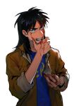  1boy blonde_hair blood blood_on_face blood_on_hands blue_shirt brown_eyes brown_jacket chinese_commentary commentary_request fingernails glass_shards hand_on_own_chin highres holding itou_kaiji jacket kaiji long_hair looking_afar male_focus medium_bangs open_clothes open_jacket open_mouth shirt simple_background siralkali sleeves_rolled_up solo teeth upper_body white_background 