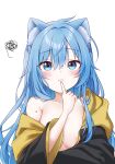  1girl absurdres animal_ears areola_slip armpit_crease blue_eyes blue_hair blush breasts cat_ears elie_wayne finger_to_mouth frown highres jacket jan_azure large_breasts long_hair looking_up mole mole_on_shoulder off_shoulder original sidelocks simple_background squiggle white_background 