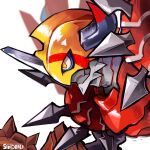  1other armor artist_name digimon digimon_(creature) from_side helmet horns no_humans shinegreymon simple_background sinobali solo spikes upper_body white_background yellow_eyes 