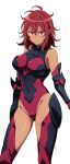  1girl absurdres batta_16-sei bodysuit breasts closed_mouth commentary covered_navel dark-skinned_female dark_skin expressionless feet_out_of_frame gauntlets hair_between_eyes highres hip_armor looking_at_viewer medium_breasts medium_hair messy_hair original red_eyes red_hair science_fiction signature simple_background skin_tight solo standing thighs v-shaped_eyebrows white_background 