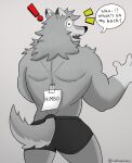  2022 anthro back_muscles biped butt canid canine canis dialogue digital_media_(artwork) english_text exclamation_point eyebrows fur furgonomic_underwear furgonomics grey_background grey_body grey_fur hi_res male mammal muscular muscular_anthro muscular_male open_mouth ruffus_(ruffusbleu) ruffusbleu simple_background solo speech_bubble standing tail talking_to_another teeth text tongue wolf 