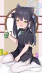  1girl animal_ears beer_can black_dress black_hair blue_archive blue_halo blush can china_dress chinese_clothes dress drunk green_eyes half-closed_eyes halo highres holding holding_can long_hair looking_at_viewer short_sleeves shun_(blue_archive) shun_(small)_(blue_archive) sitting solo thighhighs tiger_ears wariza white_thighhighs zhnyy3 