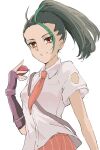  1girl black_hair brown_eyes fingerless_gloves freckles gloves green_hair highres holding holding_poke_ball looking_at_viewer multicolored_hair naranja_academy_school_uniform necktie nemona_(pokemon) poke_ball pokemon pokemon_(game) pokemon_sv ponytail red_necktie school_uniform shirt single_glove smile solo sumiko_(sumikop) teeth two-tone_hair upper_body white_background white_shirt 