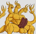  2_penises 3_heads abs anthro arm_on_thigh balls biceps biped bulge claws daikuhiroshiama digitigrade dragon erection genitals godzilla_(series) hi_res horn hydra kaiju king_ghidorah looking_at_viewer male monster multi_genitalia multi_head multi_penis muscular muscular_anthro muscular_male muscular_thighs open_mouth pecs penis pose red_eyes scalie serratus simple_background sitting solo tail teeth toho tongue tongue_out triceps 