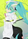  1girl aqua_eyes aqua_hair ass black_bodysuit bodysuit closed_mouth commentary_request cowboy_shot cropped_jacket hair_between_eyes hatsune_miku jacket koyo2023 long_hair long_sleeves looking_at_viewer looking_back racing_miku racing_miku_(2022) smile solo twintails vocaloid white_jacket 