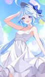  1girl absurdres ahoge alternate_costume balloon blue_bow blue_eyes blue_hair blue_sky blush bow cloud cowboy_shot dress furina_(genshin_impact) genshin_impact hair_between_eyes heterochromia highres kenomotsu_yukuwa light_blue_hair long_hair looking_at_viewer multicolored_hair open_mouth outdoors sidelocks sky smile solo standing teeth upper_teeth_only white_dress white_headwear 