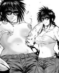  1girl arm_tattoo bandeau blush bouncing_breasts braid braided_ponytail breasts breasts_out cleavage closed_mouth commentary cowboy_shot daraz fingerless_gloves glasses gloves hand_on_hip highres jewelry kirin_(flame_of_recca) large_breasts long_hair looking_at_viewer magatama magatama_necklace motion_lines multiple_views navel necklace nipples opaque_glasses open_mouth pants rekka_no_honoo simple_background smile spiked_hair standing stomach sunglasses tattoo wardrobe_malfunction weapon white_background 