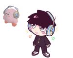  2boys black_eyes black_hair black_jacket black_pants blunt_bangs blush_stickers chibi commentary full_body gakuran headphones jacket kirby kirby_(series) koafreedraw long_sleeves male_focus mob_psycho_100 multiple_boys open_mouth pants reference_inset school_uniform shoes short_hair simple_background smile sneakers standing white_background 