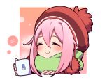  1girl closed_eyes cup dated green_scarf holding holding_cup kagamihara_nadeshiko long_hair mug pink_hair red_headwear scarf shima_rin smile umenodo winter_clothes woollen_cap yurucamp 