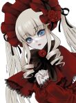  1girl black_bow blonde_hair blue_eyes bonnet bow capelet dress drill_hair expressionless flower highres interlocked_fingers kiru_(m_putorius) lolita_fashion long_hair long_sleeves looking_at_viewer own_hands_together red_capelet red_dress red_flower red_rose rose rozen_maiden shinku simple_background solo twintails upper_body white_background 