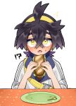  !? 1boy ^^^ ahoge black_hair blush buckle colored_inner_hair commentary_request crossed_bangs embarrassed food food_on_face hair_between_eyes hairband highres holding holding_food jacket kieran_(pokemon) kyouka._(kyouka) lettuce lower_teeth_only male_focus multicolored_hair open_mouth plate pokemon pokemon_(game) pokemon_sv sandwich skewer solo strap table teeth tongue white_background white_jacket yellow_eyes yellow_hairband 