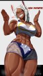  1girl 2023 :d abs animal_ears bandaid bandaid_on_face bandaid_on_nose bare_arms bare_shoulders bike_shorts boku_no_hero_academia breasts castell crescent_print dark-skinned_female dark_skin english_text hands_up highres large_breasts long_eyelashes long_hair looking_at_viewer mirko muscular muscular_female navel parted_bangs ponytail rabbit_ears rabbit_girl rabbit_pose raised_eyebrow red_eyes shorts sideboob signature smile solo sports_bra steaming_body stomach sweat thick_thighs thighs white_hair white_shorts white_sports_bra 