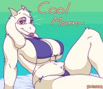  2023 anthro bikini bikini_bottom bikini_top blue_bikini blue_clothing blue_swimwear boss_monster bovid caprine clothing english_text female fur green_background horn looking_at_viewer mammal mawliet red_eyes simple_background smile solo swimwear text tongue tongue_out toriel undertale undertale_(series) white_body white_fur 