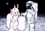  1other 3girls animal_ears astronaut bandaid blush broken_glass chibikki commentary crack cracked_glass crossed_bandaids dot_nose dress earth_(planet) english_commentary glass helmet highres long_hair long_sleeves moon moon_rabbit multiple_girls on_moon open_mouth original pixel_art planet rabbit_ears rabbit_girl red_eyes space space_helmet spacesuit standing thumbs_up white_dress white_hair wide_sleeves 