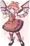  1girl animal_ears bird_ears bird_wings brown_dress brown_eyes brown_headwear dress fingernails full_body highres holding holding_microphone long_fingernails long_sleeves looking_at_viewer microphone musical_note mystia_lorelei open_mouth pink_hair short_hair solo standing teeth touhou upper_teeth_only winged_hat wings yamimunemitsu 