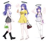  1girl alternate_costume bag blue_archive blush boots braid breasts casual collarbone cup disposable_cup dopushan dress full_body half_updo halo highres holding holding_bag holding_cup hot knee_boots looking_at_viewer medium_breasts multiple_views musical_note notice_lines pants patterned_clothing ponytail purple_eyes purple_hair sandals shirt simple_background sleeveless sleeveless_shirt spoken_musical_note sweatdrop thought_bubble toes translation_request white_background white_pants yellow_dress yuuka_(blue_archive) 