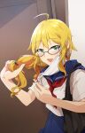  1girl absurdres ahoge bag bespectacled blonde_hair blue_sailor_collar blue_skirt blush breasts door glasses green_eyes grey-framed_eyewear hair_tie hands_up highres holding_own_hair hoshii_miki idolmaster idolmaster_(classic) idolmaster_million_live! idolmaster_million_live!_theater_days katsu_(kana) long_hair looking_at_viewer mask medium_breasts mouth_mask neckerchief open_mouth pleated_skirt red_neckerchief removing_mask sailor_collar school_uniform serafuku shirt short_sleeves shoulder_bag skirt smile solo surgical_mask white_shirt 