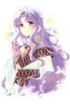  1girl blue_eyes brooch curly_hair deirdre_(fire_emblem) fire_emblem fire_emblem:_genealogy_of_the_holy_war harushino jewelry long_hair looking_at_viewer playing_with_own_hair portrait purple_hair ring sidelocks sjkjk55 smile solo tiara 
