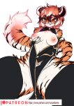  anthro areola arknights blush breasts brown_body brown_eyes clothed clothing felid female hand_on_breast hypergryph legwear looking_at_viewer mammal nipples orange_body pantherine simple_background solo studio_montagne tail tiger voicedbarley waaifu_(arknights) white_background white_body 