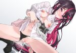  1girl absurdres after_sex azki_(4th_costume)_(hololive) azki_(hololive) black_panties blush clothing_aside cum cumdrip highres hololive lifted_by_self looking_at_viewer mouth_hold necktie necktie_in_mouth nipples panties panties_aside pussy socks underwear yuukauta 