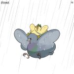  bag bird bottle_cap diva_(hyxpk) duck duckling english_text flying frog_headband hat highres no_humans numbered original pigeon rain riding simple_background wet white_background 