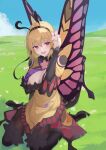  1girl :d antennae bell_orgel black_hairband blonde_hair blue_sky boots breasts butterfly_girl butterfly_wings cleavage cloud commentary crazy_straw day dress drinking_straw flower grass hair_between_eyes hair_flower hair_ornament hairband high_heel_boots high_heels highres large_breasts light_blush long_sleeves looking_at_viewer monster_girl monster_girl_encyclopedia open_mouth outdoors papillon_(monster_girl_encyclopedia) red_eyes short_hair sitting sky smile solo thigh_boots wings 