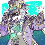  anthro canid canine cape claws clothing fox fur ge2n_s gloves grey_body grey_fur handwear hat headgear headwear lifewonders live_a_hero male mammal mask phantom_thief purple_clothing solo supervillain tipping_hat top_hat vulpecula 