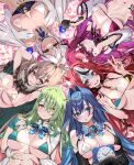  6+girls :o animal_ear_fluff animal_ears antlers aqua_eyes bikini blue_eyes blue_hair breasts brown_hair ceres_fauna clock closed_mouth covered_nipples feather_hair_ornament feathers green_hair green_nails grin hair_intakes hair_ornament hakos_baelz heterochromia high_ponytail highres holding holding_microphone hololive hololive_english horns irys_(hololive) large_breasts low_twintails lying medium_breasts micro_bikini microphone mouse_ears multiple_girls nanashi_mumei navel on_back open_mouth ouro_kronii pointy_ears purple_eyes purple_hair red_hair red_nails sharp_teeth smile stomach swimsuit teeth tsukumo_sana twintails v virtual_youtuber waterring white_hair yellow_eyes 
