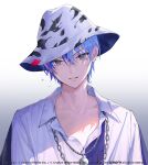  1boy aoyagi_touya blue_hair chain_necklace collared_shirt commentary_request dark_blue_hair gradient_background grey_eyes hat highres jewelry looking_at_viewer male_focus mole mole_under_eye multicolored_hair necklace official_alternate_costume official_art okuma_mai open_collar parted_lips partially_unbuttoned project_sekai shirt short_hair solo two-tone_hair two-tone_headwear upper_body walk_on_and_on_(project_sekai) 