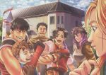  1girl 5boys bandana black_hair brown_hair cleo_(suikoden) closed_mouth fingerless_gloves gensou_suikoden gensou_suikoden_i gloves gremio_(suikoden) highres male_focus multiple_boys open_mouth pahn_(suikoden) satoko_matsumoto scar scarf short_hair smile ted_(suikoden) teo_mcdohl tir_mcdohl 