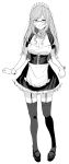  1girl absurdres apron breasts cleavage commentary_request detached_collar dress frills full_body garter_straps glasses greyscale highres large_breasts maid maid_apron maid_headdress monochrome original short_dress smile solo thighhighs uraya_nagi waist_apron wrist_cuffs 