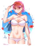  1girl absurdres alternate_costume arm_up bikini breasts capelet choker cleavage fire_emblem fire_emblem:_the_binding_blade gwendolyn_(fire_emblem) highres looking_at_viewer medium_breasts pink_eyes pink_hair red_headwear short_hair smile swimsuit tsukimura_(d24f4z8j3t) visor_cap white_bikini 