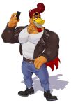  anthro avian bird brush chicken clothed clothing enchanted_portals galliform gallus_(genus) hairbrush hi_res jacket lewdookami looking_at_viewer male muscular muscular_male pecs phasianid shaved smile solo topwear 