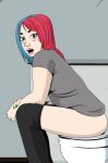  asuka_(wrestler) blue_hair clothes_pull kirakiraoi1 multicolored_hair pants pants_pull red_hair surprised toilet toilet_use two-tone_hair 
