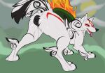  2023 amaterasu_(okami) anatomically_correct anatomically_correct_anus anatomically_correct_genitalia anatomically_correct_pussy animal_genitalia animal_pussy anus black_anus black_body black_fur black_markings black_pussy bodily_fluids butt canid canine canine_genitalia canine_pussy canis capcom claws condom condom_in_mouth condom_wrapper deity digital_drawing_(artwork) digital_media_(artwork) eyelashes female feral fur genital_fluids genitals half-closed_eyes hi_res in_heat looking_back mammal markings narrowed_eyes object_in_mouth okami_(capcom) paws plump_labia presenting presenting_anus presenting_hindquarters presenting_pussy purple_condom pussy pussy_juice pussy_juice_string quadruped raised_tail rear_view red_markings sexual_barrier_device solo tail toe_claws tongue tongue_out white_body white_fur wolf zeniarmr 