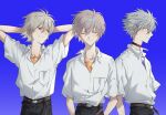  1boy belt black_choker black_pants blue_background blue_shirt brown_belt choker closed_eyes closed_mouth collared_shirt facing_to_the_side facing_viewer grey_hair looking_to_the_side male_focus missing_limb nagisa_kaworu neon_genesis_evangelion orange_shirt pants quwo red_eyes shirt solo white_shirt 