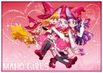  3girls :d asahina_mirai blonde_hair bow broom broom_riding commentary_request copyright_name dress english_text eyelashes green_eyes hanami_kotoha happy hat heart izayoi_liko kamikita_futago long_hair looking_at_another mahou_girls_precure! medium_hair mofurun_(mahou_girls_precure!) multiple_girls official_art open_mouth pink_dress pink_eyes pink_hair pink_headwear precure purple_eyes purple_hair smile witch witch_hat 