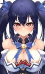  1girl bare_shoulders bimmy black_hair blush breasts cleavage detached_sleeves dress frilled_dress frilled_sleeves frills hair_between_eyes hair_ribbon highres long_hair looking_at_viewer medium_breasts neptune_(series) noire_(neptune_series) red_eyes ribbon solo tearing_up twintails upper_body 